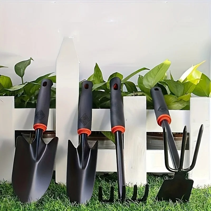 complete ergonomic gardening tools set displayed in garden soil