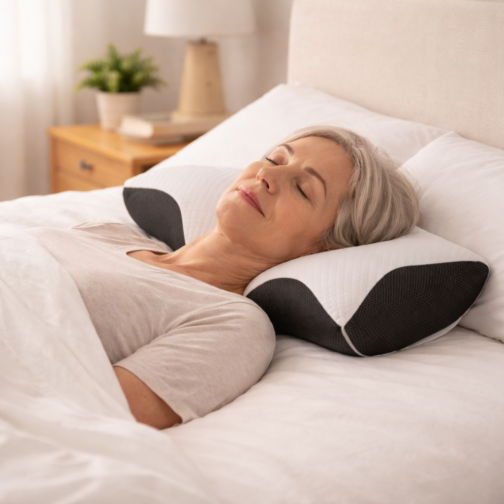 senior woman sleeping on her back using an ergonomic cervical pillow for neck pain relief