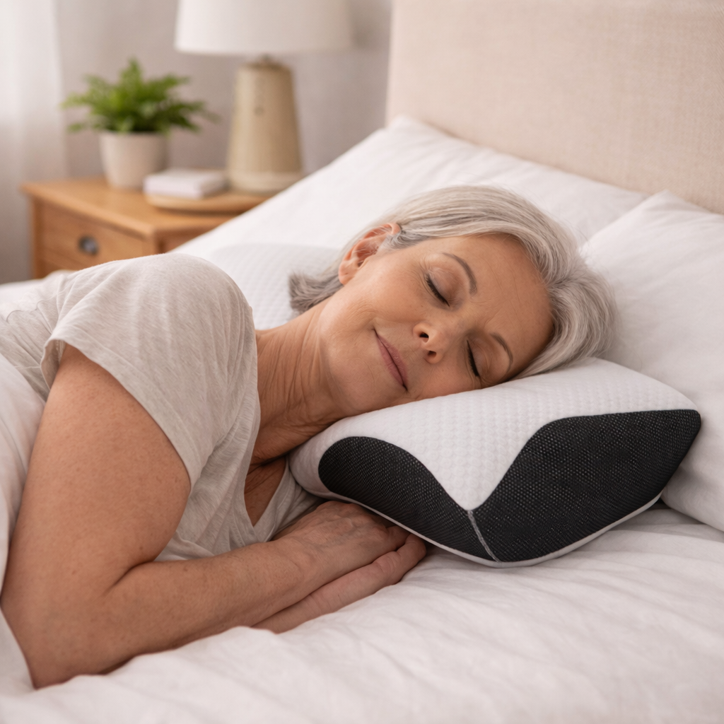 senior woman side-sleeping comfortably with a butterfly-design memory foam neck pillow
