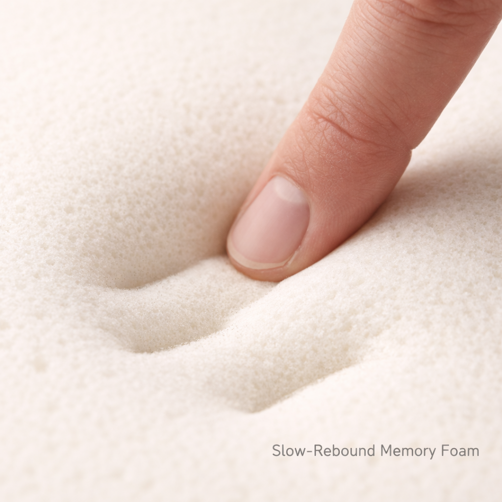 close-up of slow-rebound memory foam material showing a finger press for pressure relief