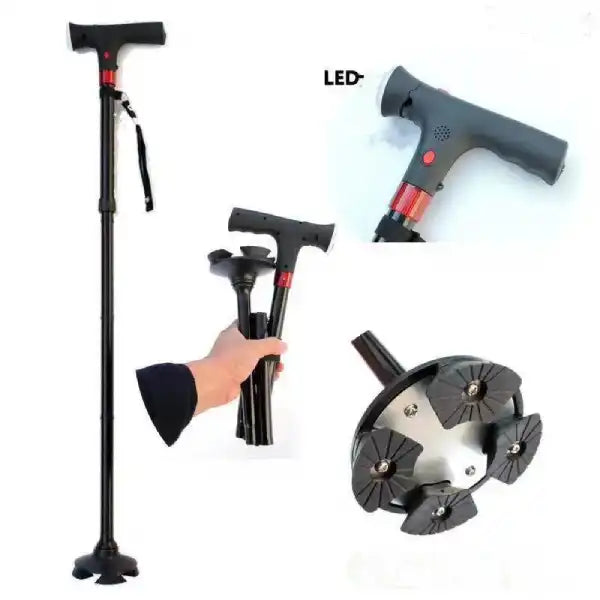 collage showing the walking cane's LED light, folding mechanism, and non-slip 360-degree pivoting base