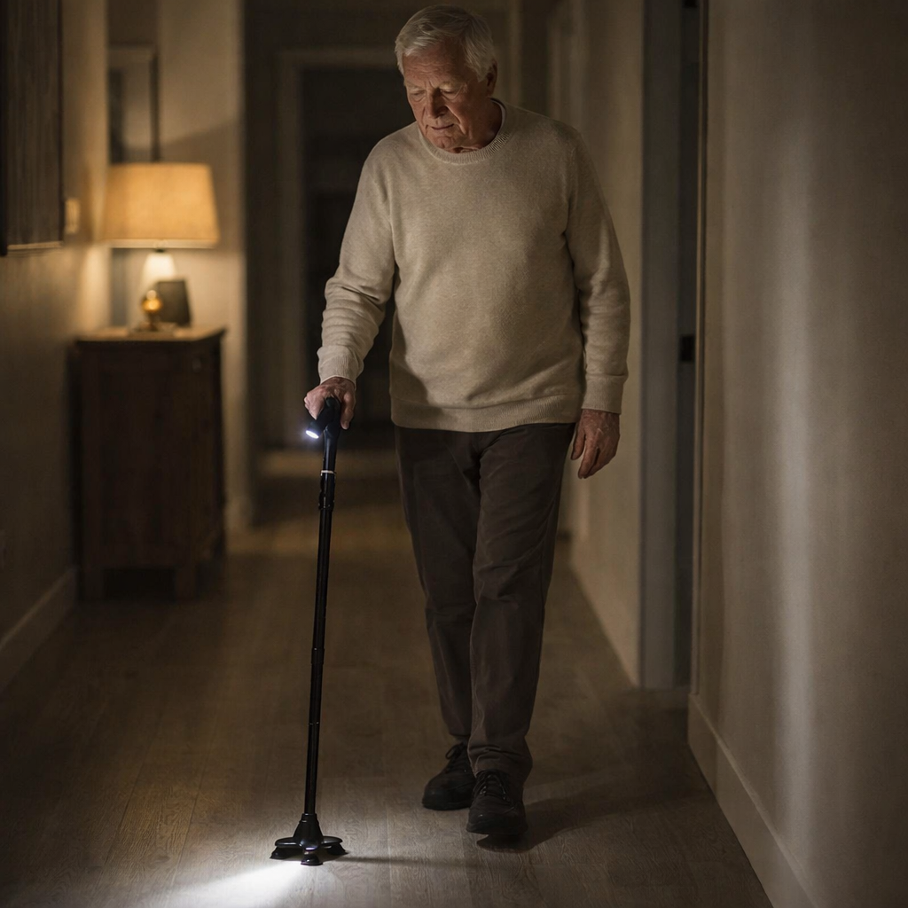 senior man using the built-in LED light on his walking cane to safely navigate a dark indoor hallway