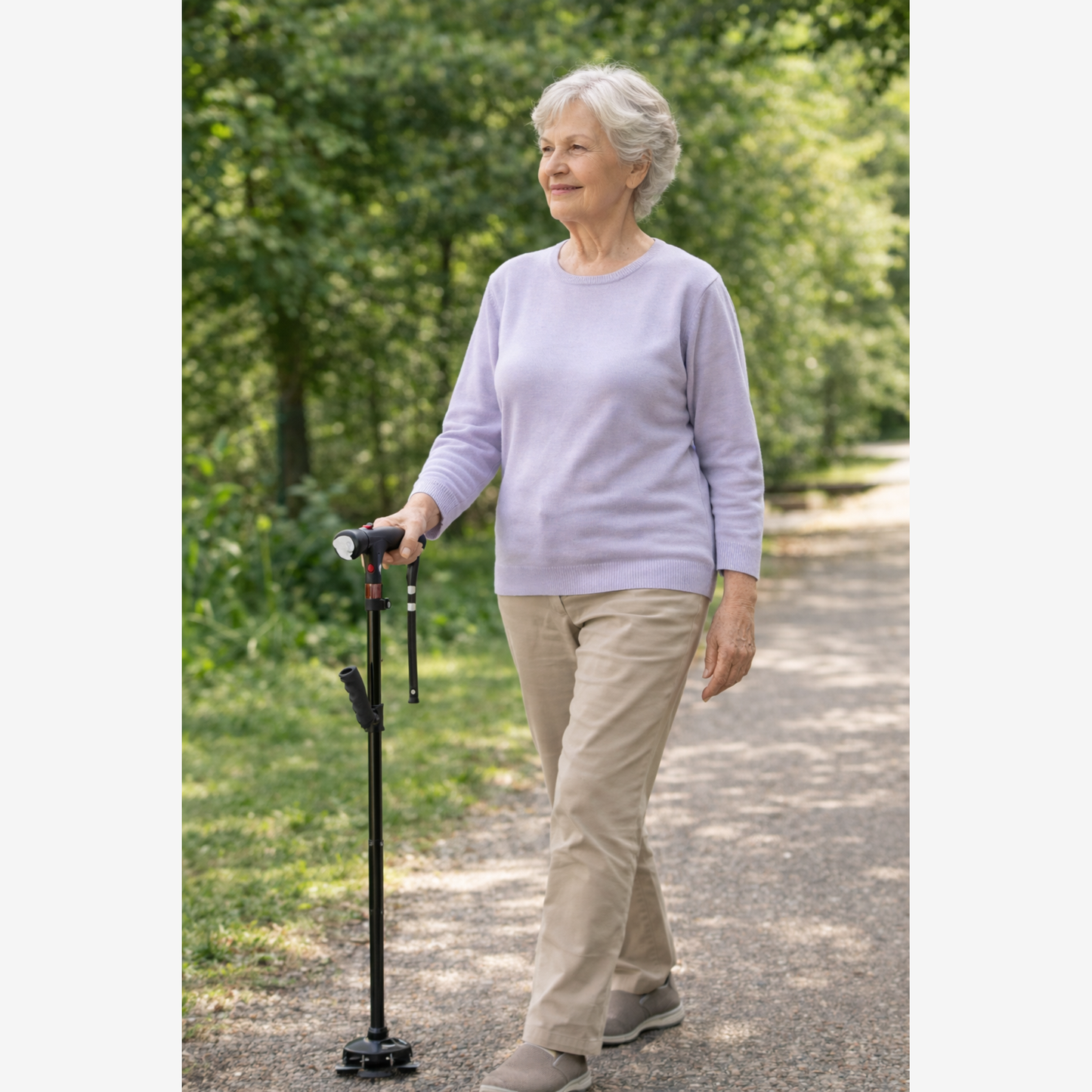 senior woman using an adjustable foldable walking cane for stability while walking along a nature path