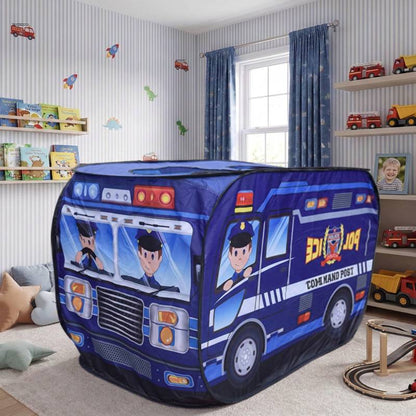 pop up police car playhouse set up in a cozy children's bedroom for indoor pretend play