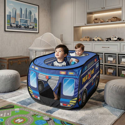two toddlers enjoying an indoor adventure inside the police car playhouse on a play mat