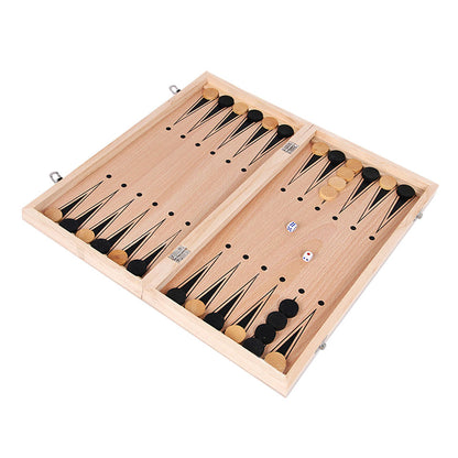 The internal backgammon board feature of the 3-in-1 folding wooden game set.
