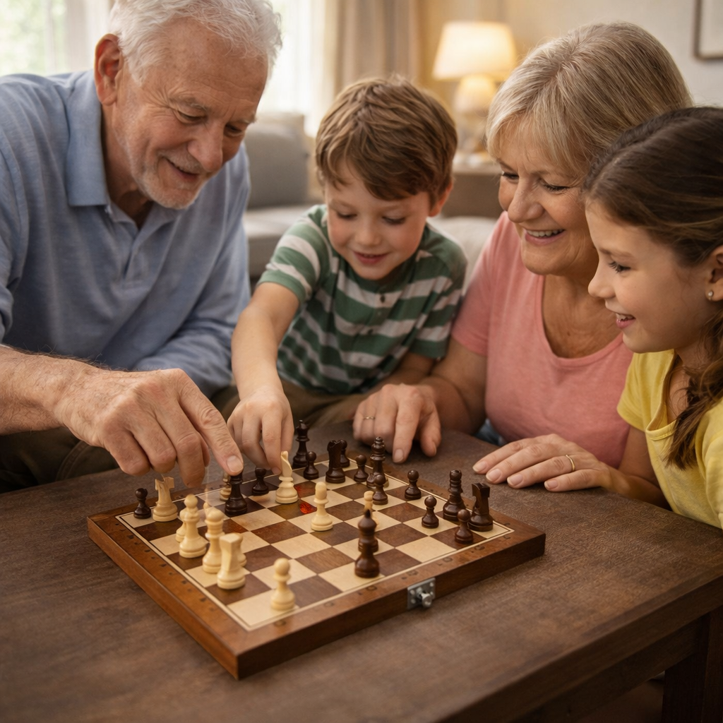 Grandparents and children bonding over a classic chess game board session at home.