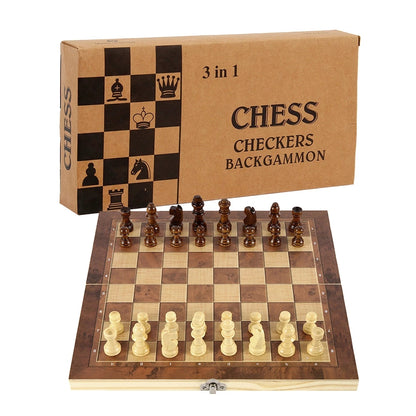 The 3-in-1 folding wooden chess set showing the board and professional packaging box.