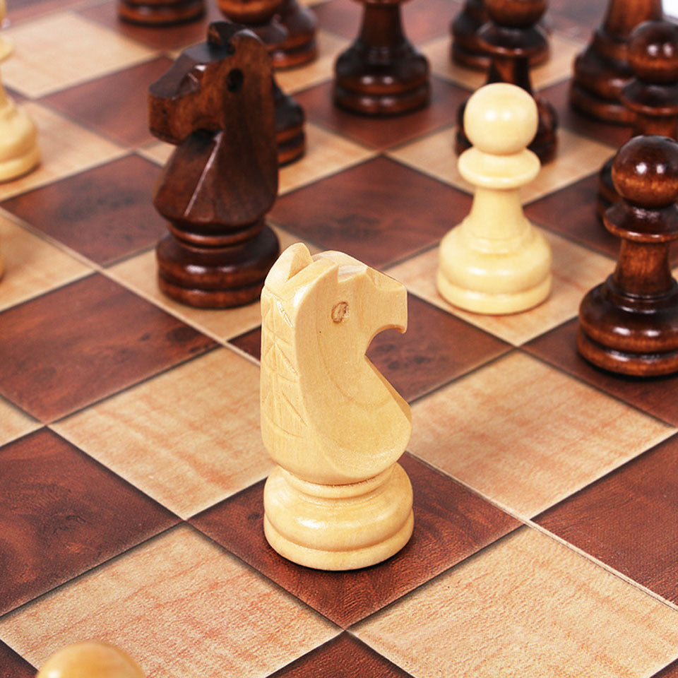 Close-up shot of high-quality wooden chess pieces on the 3-in-1 game board.