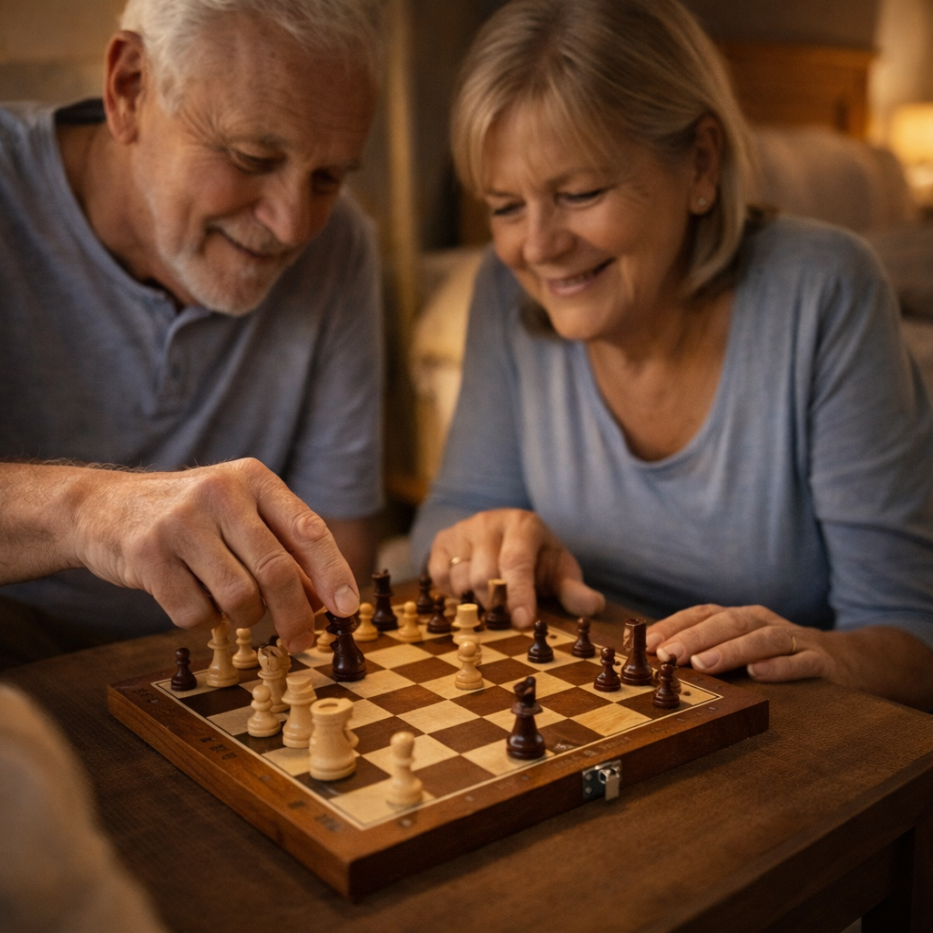 Senior couple focusing on a strategic move during a wooden chess game board match.