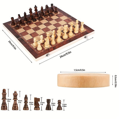 Detailed dimensions and size chart for the 3-in-1 folding wooden chess set and board.