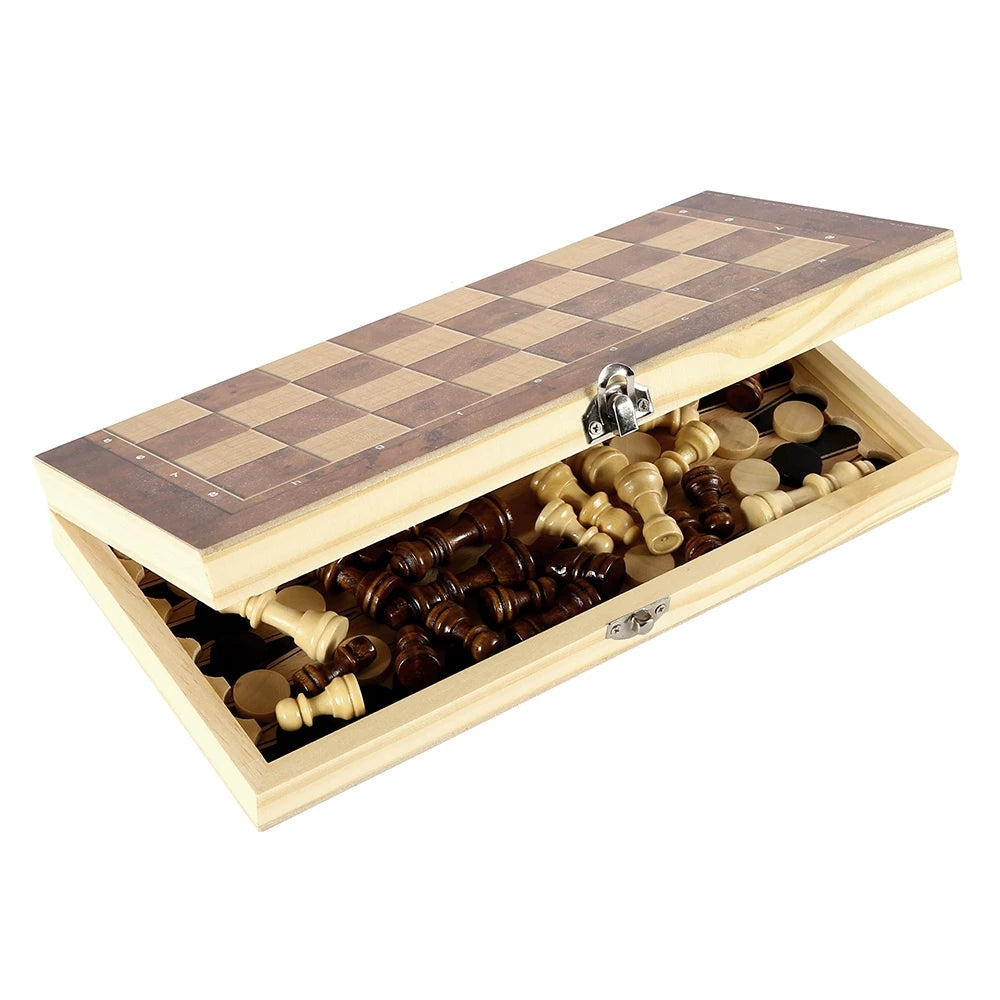 Folding wooden chess game board partially open, showing internal storage for game pieces.