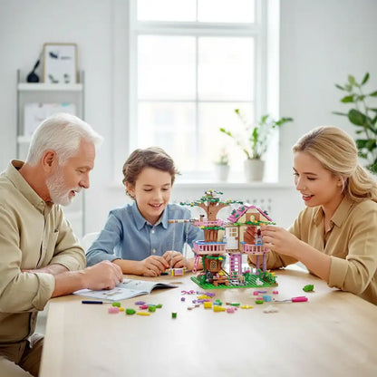 Family indoors helping a child assemble the Friends City Tree House building blocks villa.
