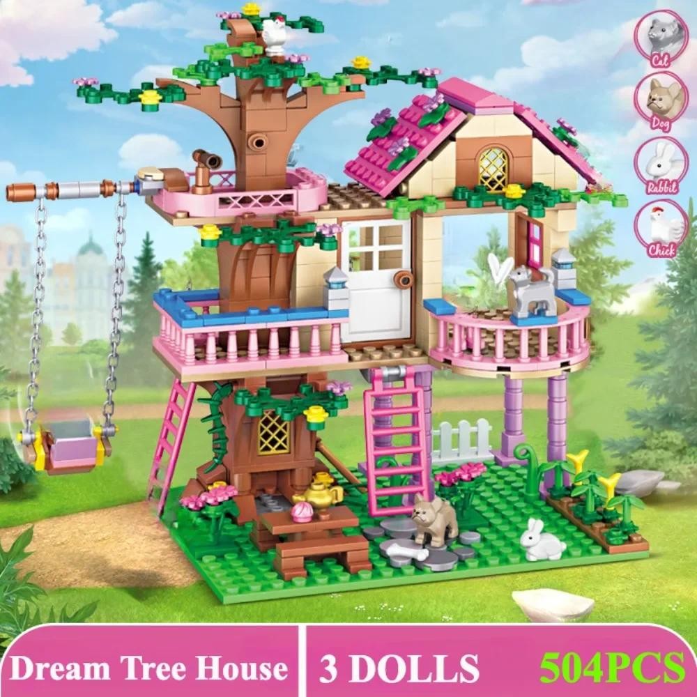 Dream Tree House building blocks 504-piece set featuring 3 dolls and interactive summer villa design.
