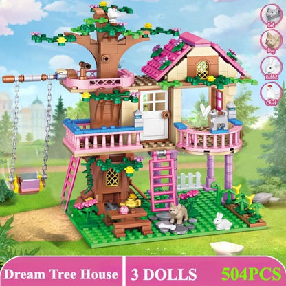 Dream Tree House building blocks 504-piece set featuring 3 dolls and interactive summer villa design.