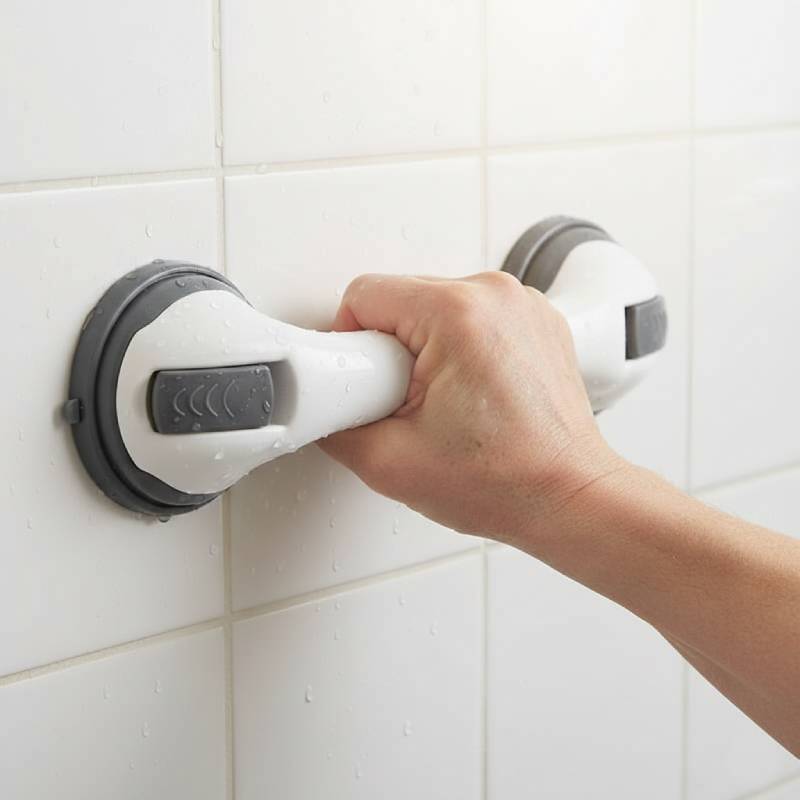 close-up of a hand firmly gripping the non-slip shower safety handle on a tiled bathroom wall