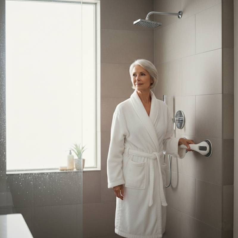 senior woman in a white bathrobe using a suction grab bar for stability while entering the shower