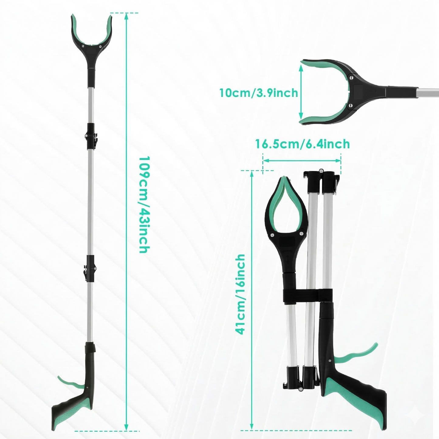 size chart showing the 43-inch extended length and 16-inch folded size of the reacher grabber