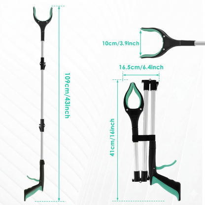 size chart showing the 43-inch extended length and 16-inch folded size of the reacher grabber