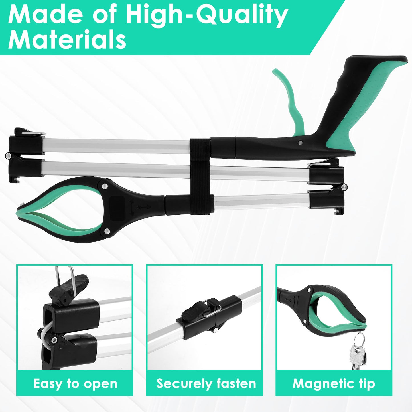 high-quality reacher grabber features including a magnetic tip for keys and a secure fastening buckle
