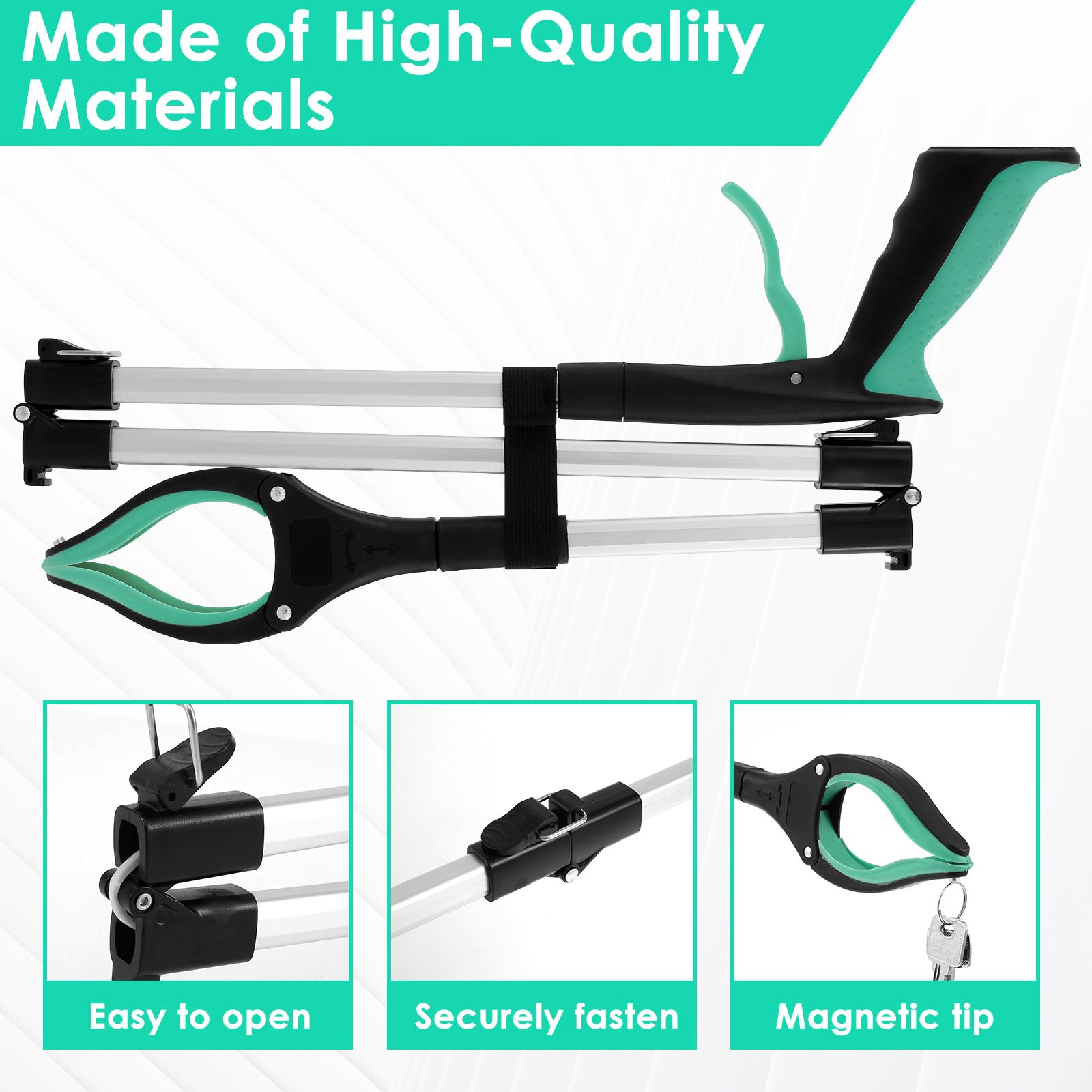 high-quality reacher grabber features including a magnetic tip for keys and a secure fastening buckle