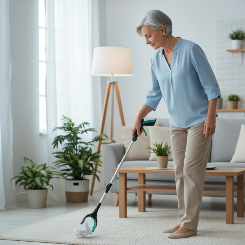 senior woman using the extension grabber tool to pick up paper from the floor without bending