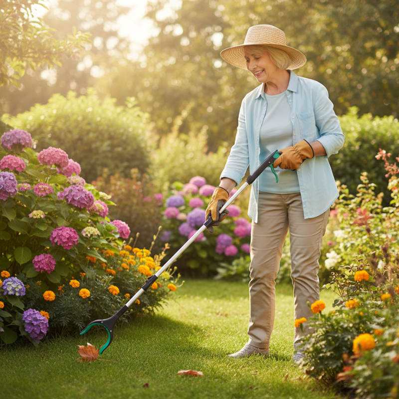 senior woman using the long-reach grabber tool for gardening and picking up leaves in a yard