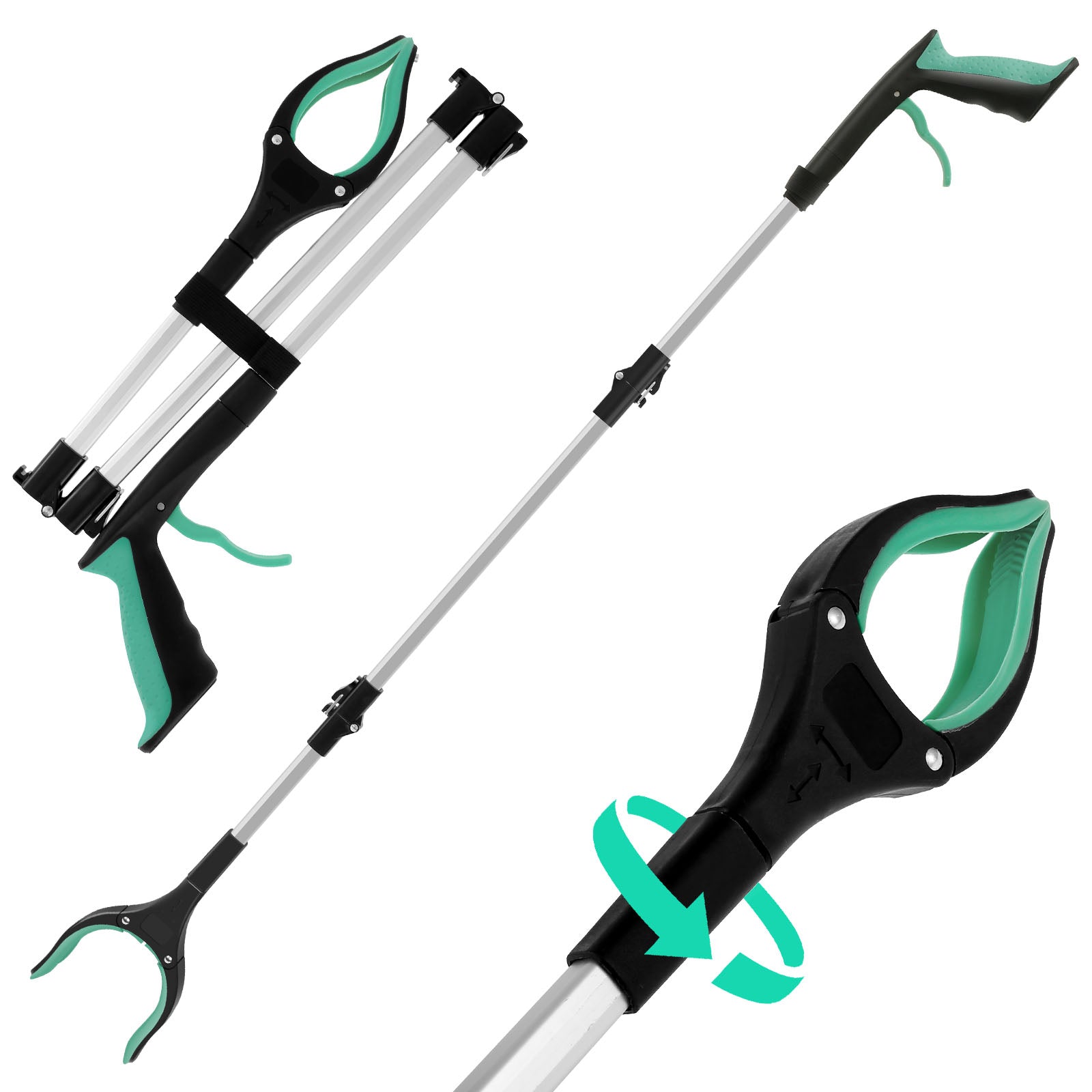foldable grabber tool showing a 360-degree rotating head for precision gripping in tight spaces
