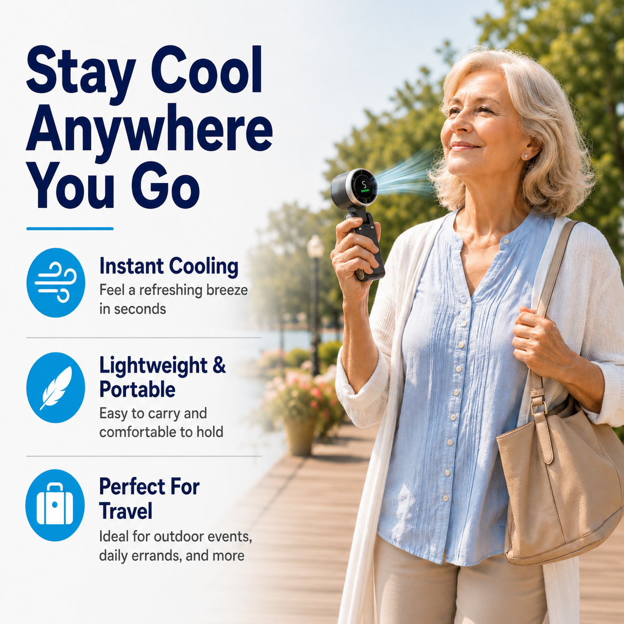 Woman holding a handheld fan and product features.