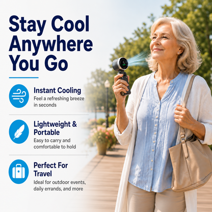 Woman holding a handheld fan and product features.