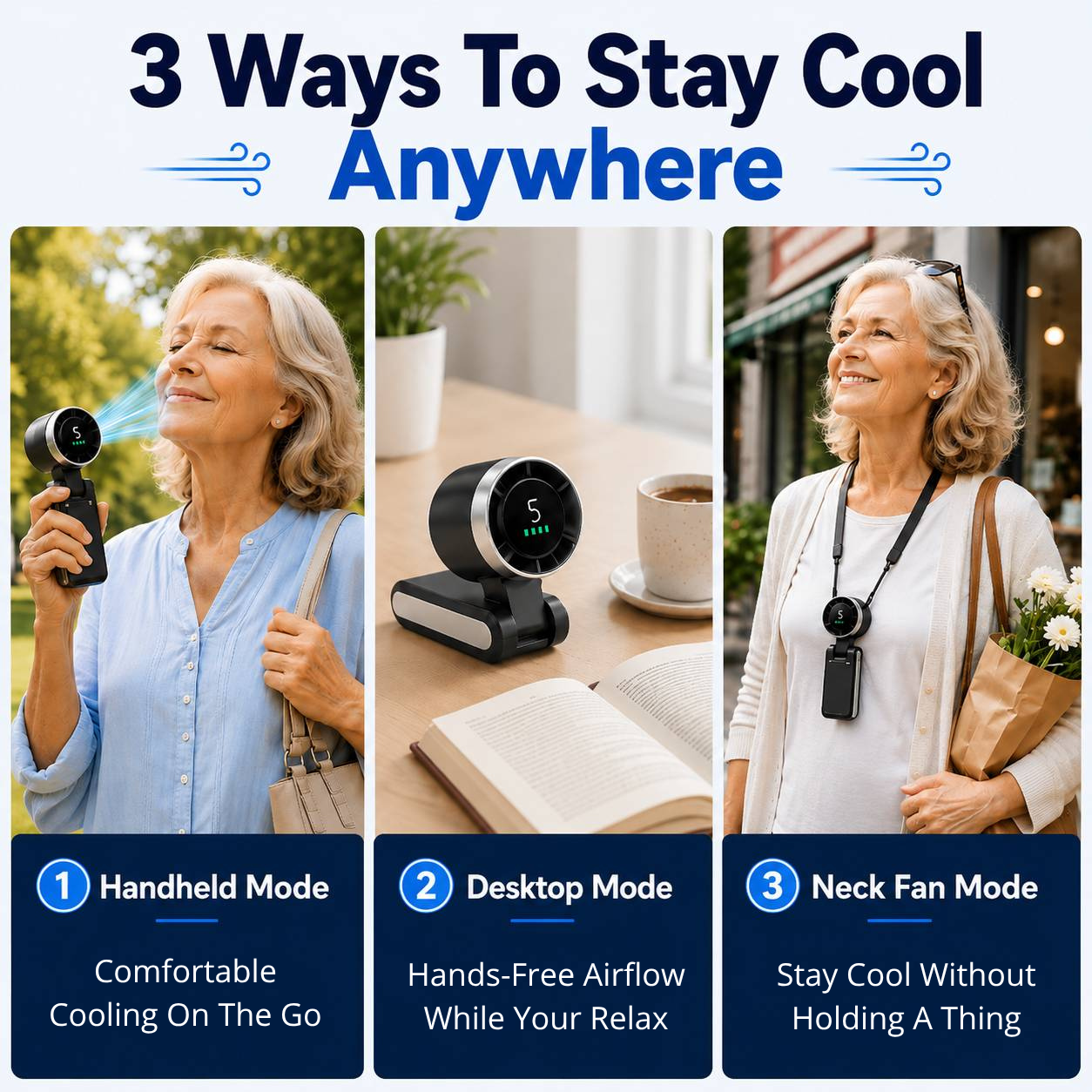 Three ways to stay cool anywhere with handheld, desktop, and neck fan modes.