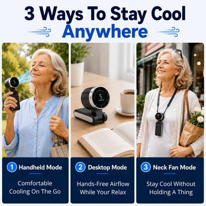 Three ways to stay cool anywhere with handheld, desktop, and neck fan modes.