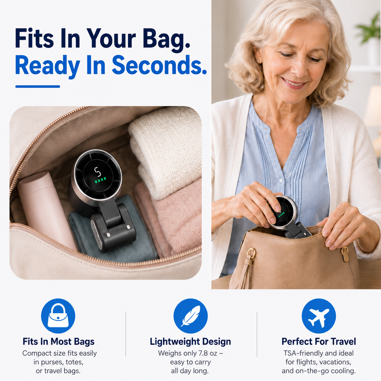 Compact black handheld fan fitting inside a handbag for lightweight, portable travel use.
