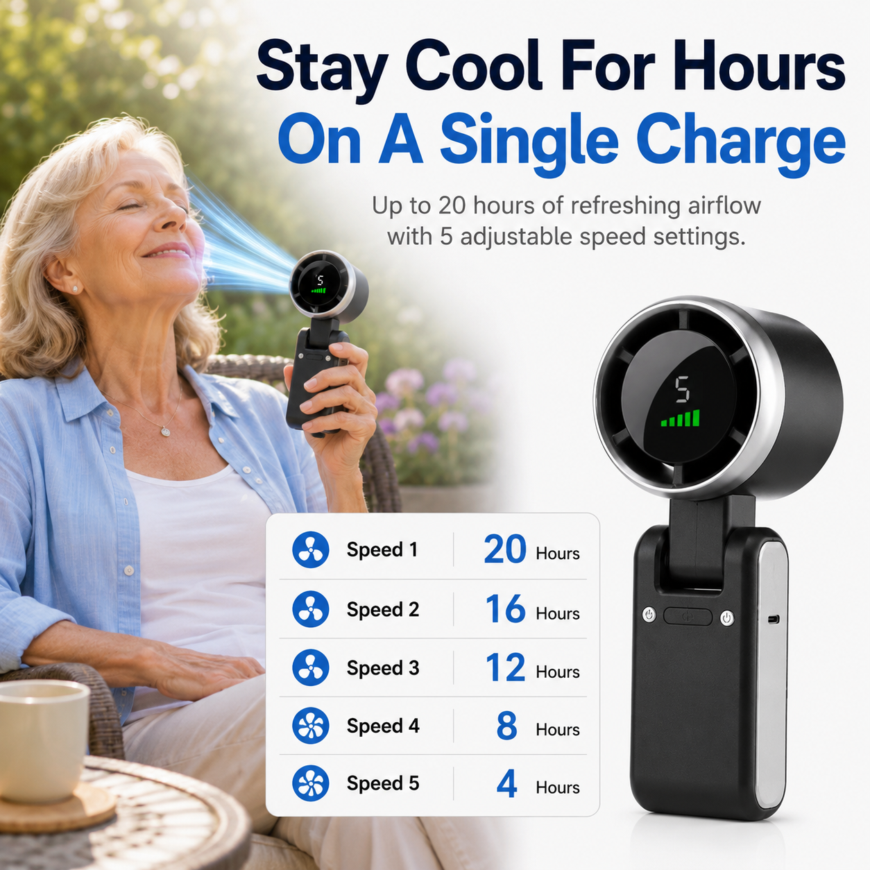 Portable air cooler with user enjoying its use outdoors, featuring speed settings and battery life information.