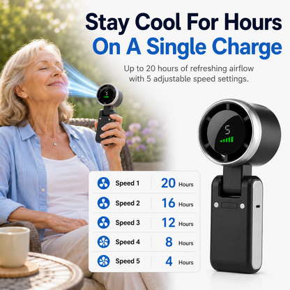 Portable air cooler with user enjoying its use outdoors, featuring speed settings and battery life information.