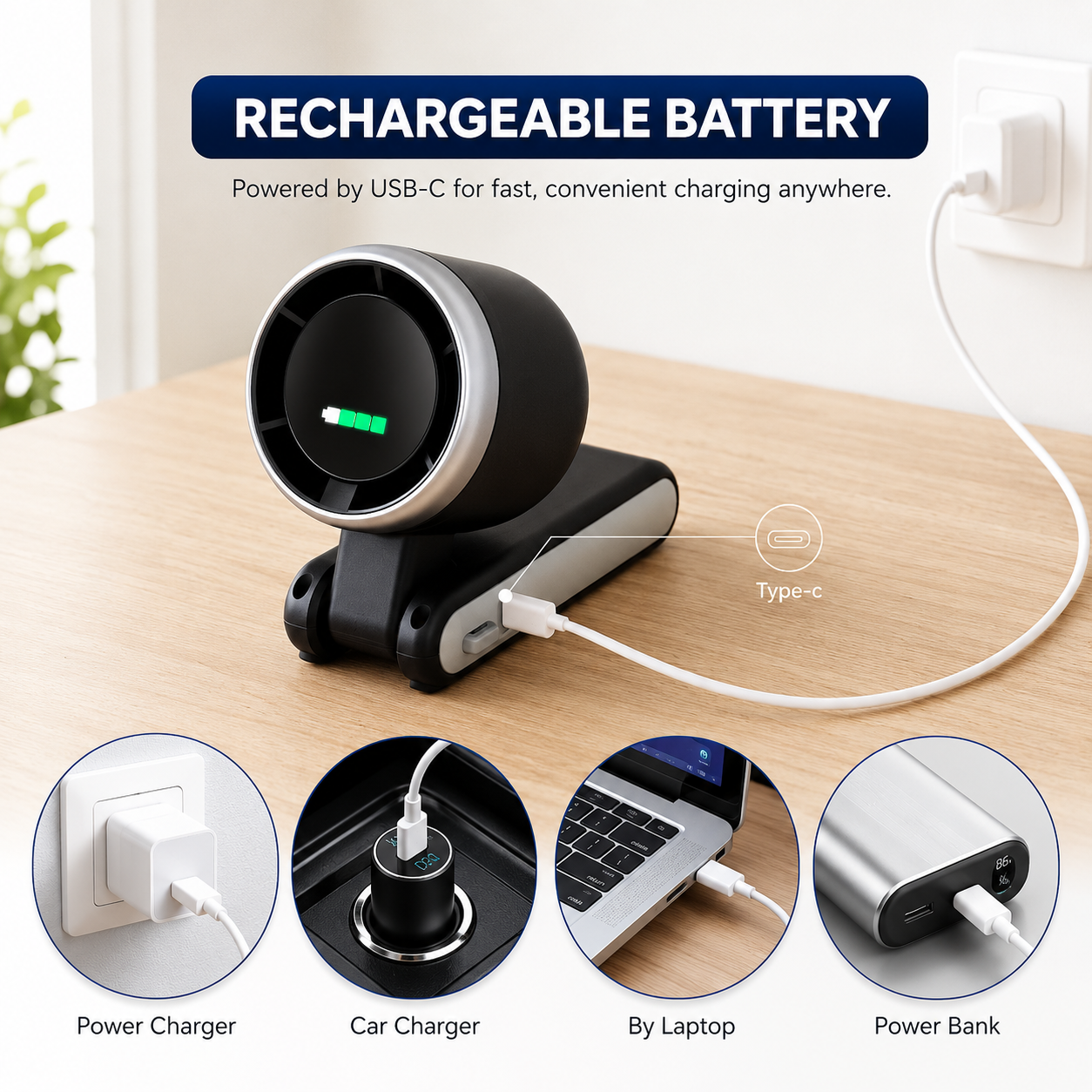 Rechargeable battery with USB-C charging cable on a wooden surface, showing charging methods.