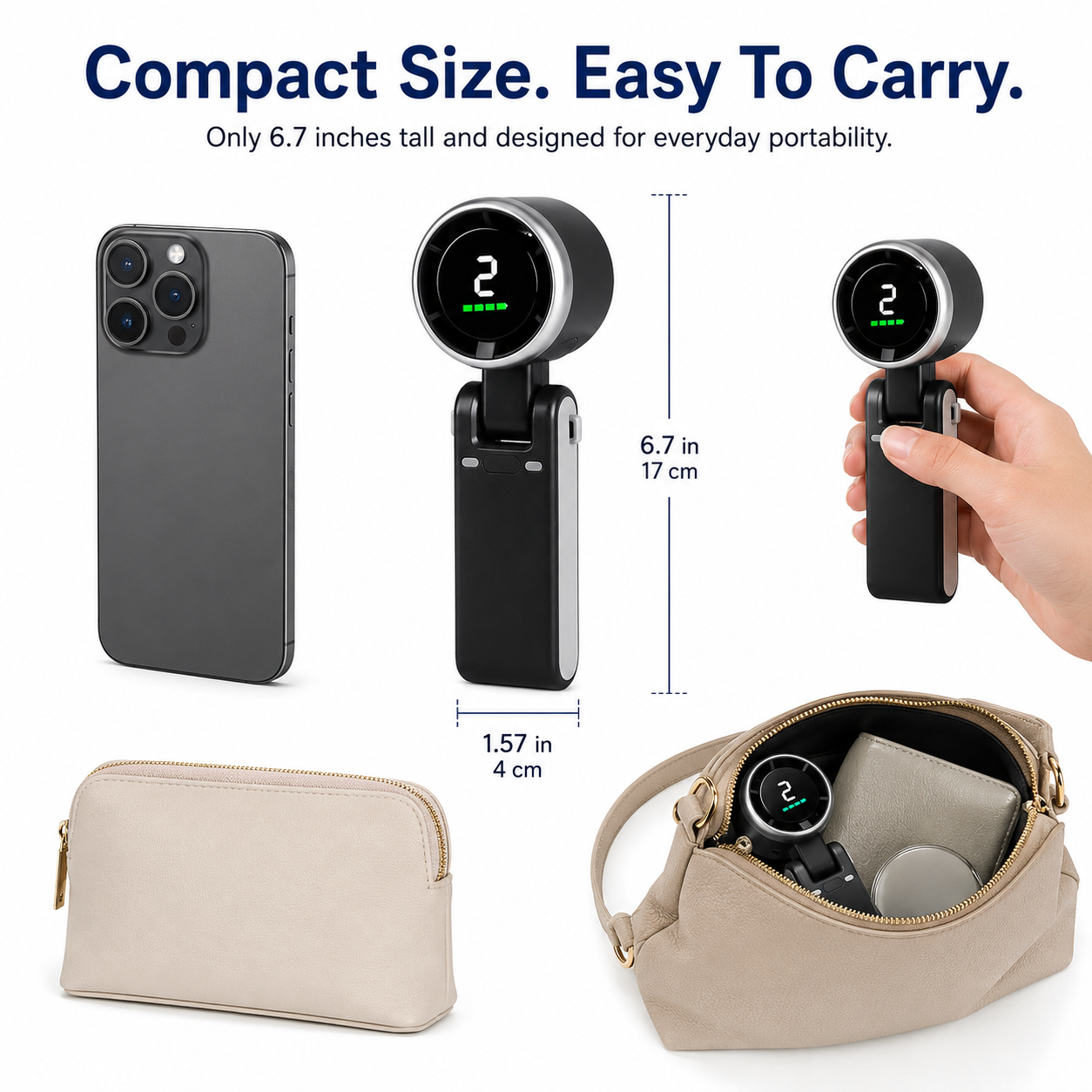 Compact black handheld fan measuring 6.7 inches tall, shown beside a smartphone and inside a handbag.