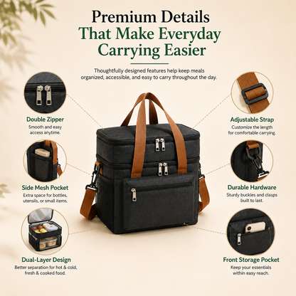 Black insulated lunch bag with brown straps and features highlighted