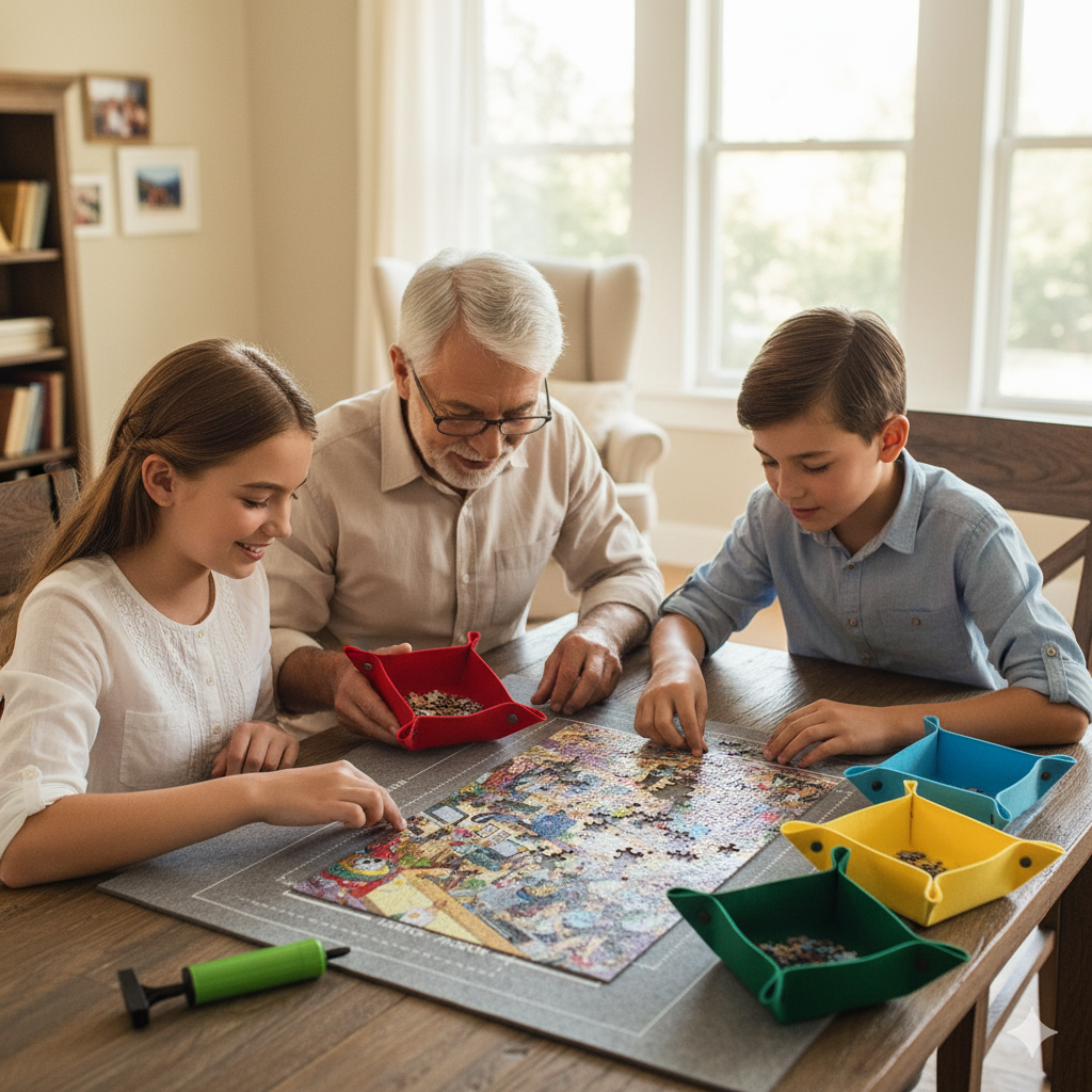multi-generational family playing a jigsaw puzzle on a gray felt roll-up mat in a well-lit living room