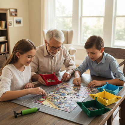 multi-generational family playing a jigsaw puzzle on a gray felt roll-up mat in a well-lit living room