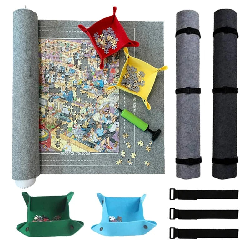 feature collage showing the roll-up mechanism, secure straps, and sorting trays of the jigsaw puzzle mat