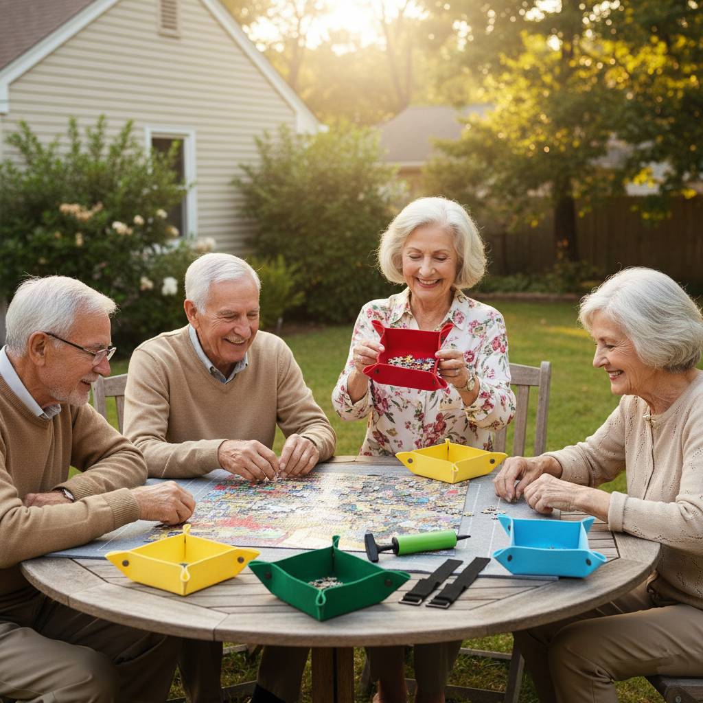 group of senior friends enjoying a jigsaw puzzle outdoors using a roll-up mat and colorful sorting trays