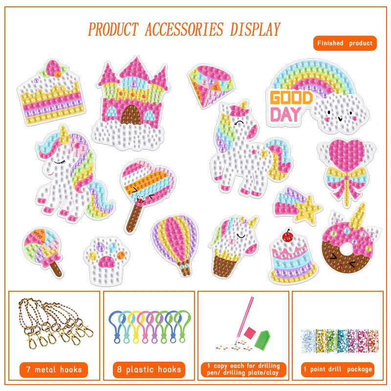 Display of all accessories included in the unicorn diamond painting craft kit.