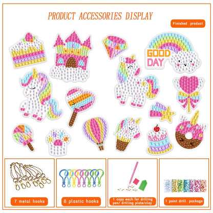 Display of all accessories included in the unicorn diamond painting craft kit.