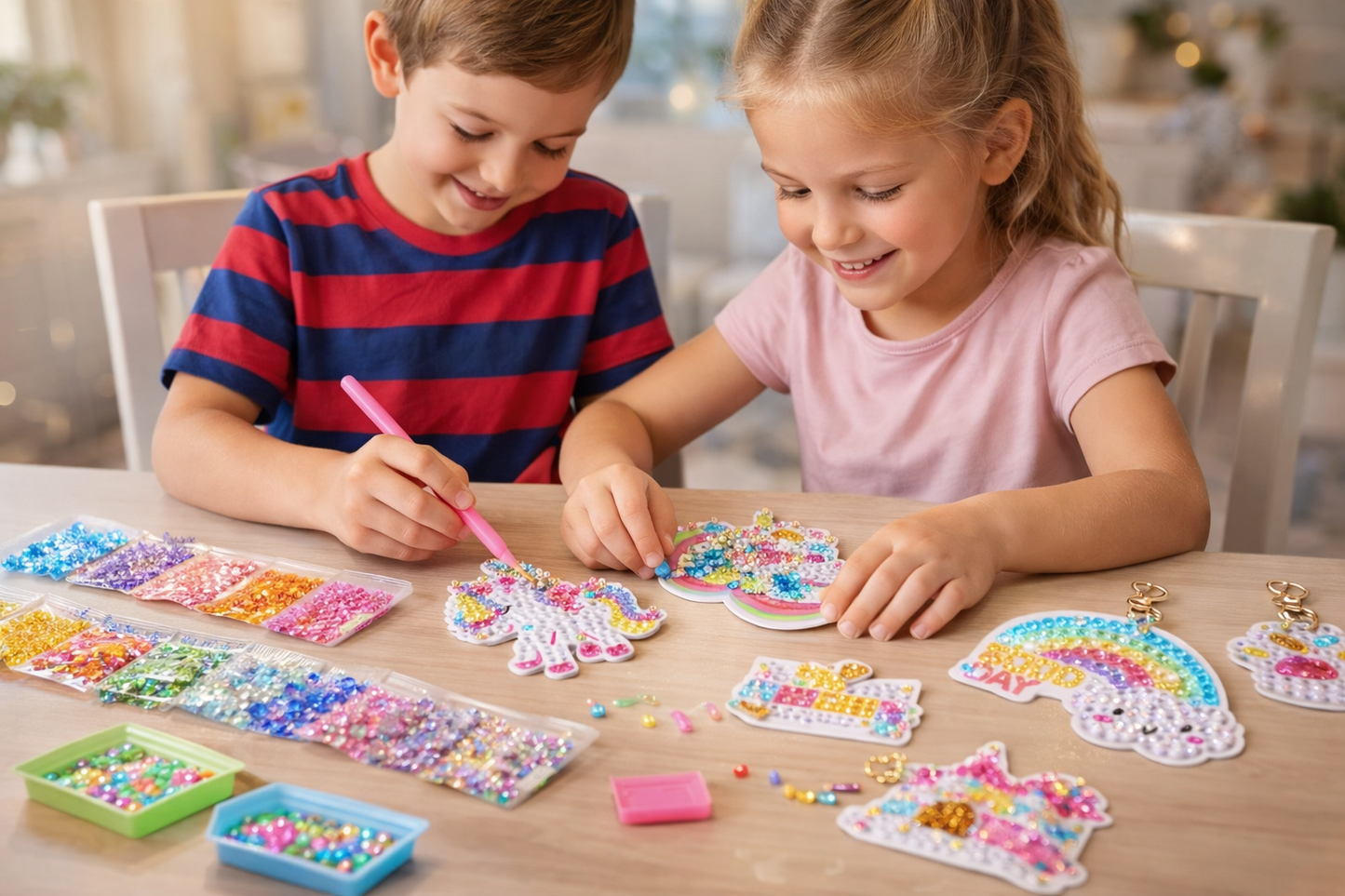Two young children enjoying a unicorn diamond painting art activity together.