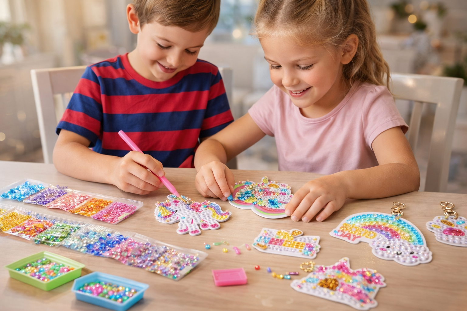 Two young children enjoying a unicorn diamond painting art activity together.