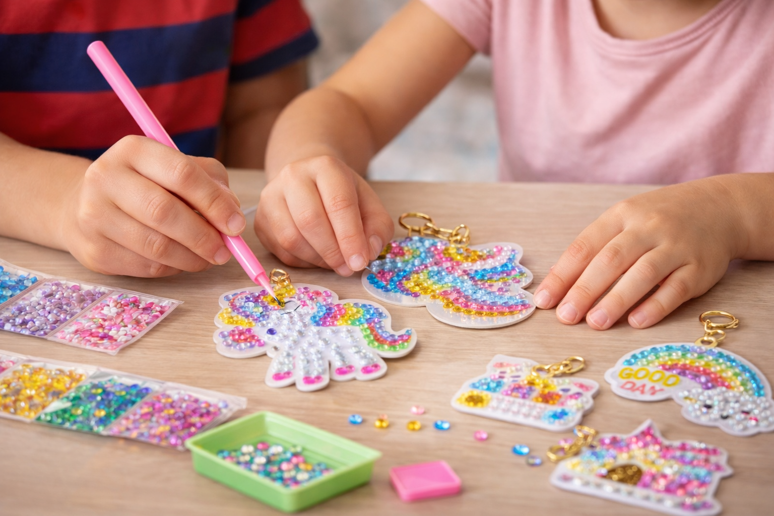 Close-up of a child applying gems to a DIY unicorn diamond painting keychain.