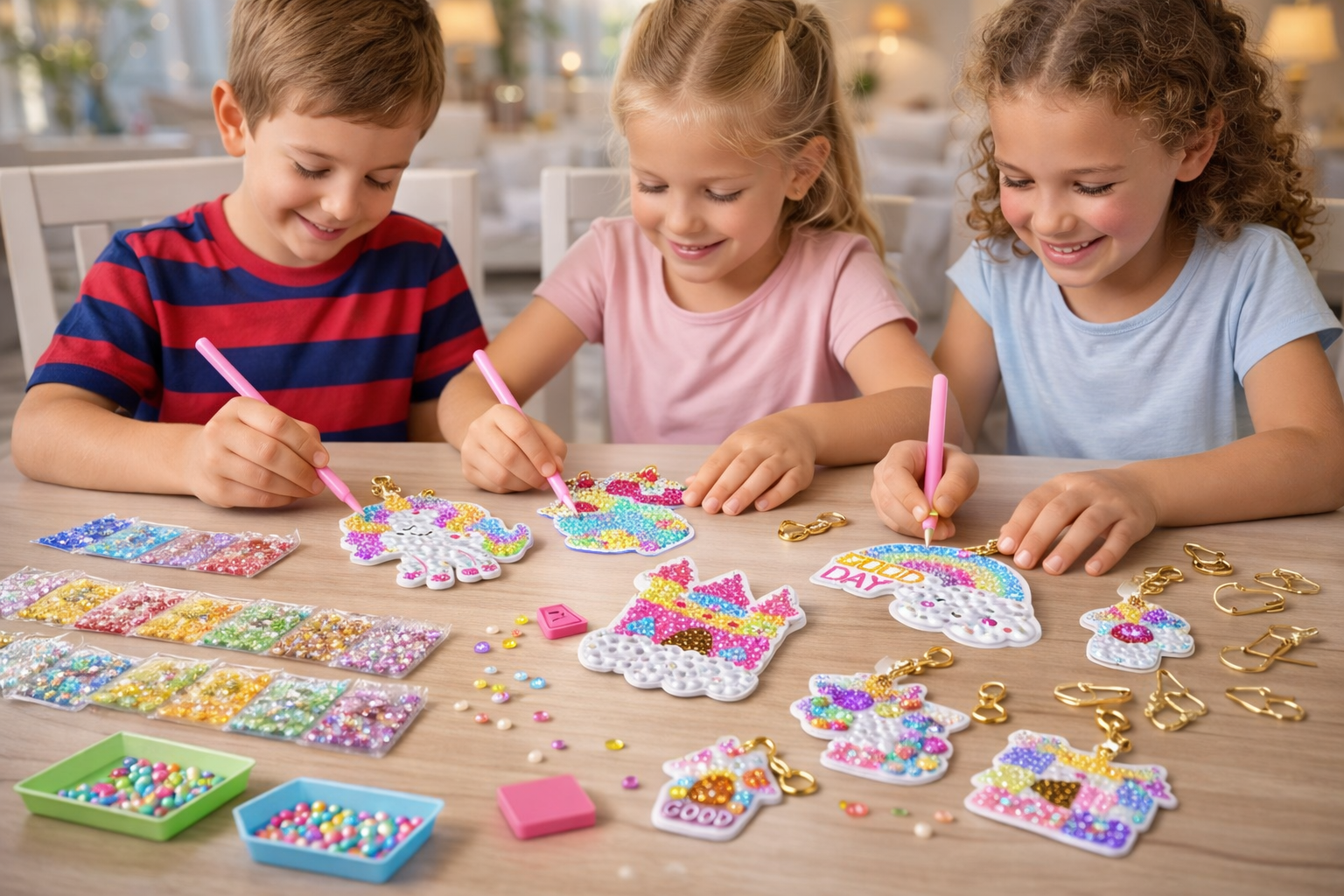 Group of children working on various unicorn-themed diamond painting projects.