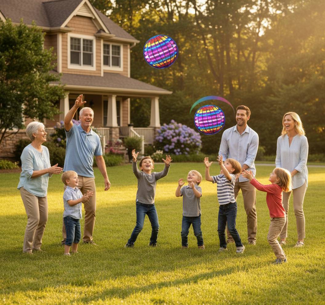 multi-generational family and friends tossing a glowing flying orb toy during sunset