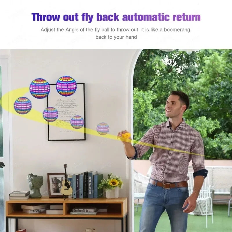 man demonstrating the boomerang effect of the flying ball with automatic return technology